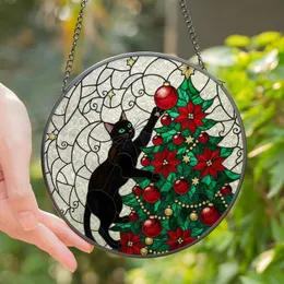 Cat Lovers' Vivid Tiffany Stained Glass Playful Black Cat Christmas Tree Emerald Ruby Amber Poinsettia Mosaic Stained Glass Suncatcher