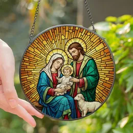 Christian Art Lover's Tiffany Stained Glass Nativity Holy Family Lamb Emerald Gold Royal Blue Mosaic Rays Stained Glass Suncatcher