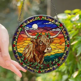 Animal Lovers' Vibrant Tiffany Stained Glass Highland Cow Festive Wreath Jewel Tone Sunset Mosaic Stained Glass Suncatcher