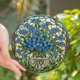 Nature Lovers' Vibrant Blue Yellow Green Forget-Me-Not Tiffany Stained Glass Floral Mosaic Stained Glass Suncatcher