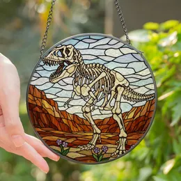 Dinosaur Enthusiasts' Tiffany-Style Stained Glass T-Rex Skeleton Prehistoric Landscape Jewel Tones Stained Glass Suncatcher