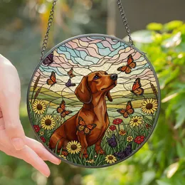 Dachshund Lovers' Vibrant Tiffany Style Stained Glass Amber Lavender Sky Blue Butterfly Wildflower Mosaic Stained Glass Suncatcher