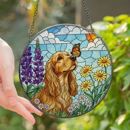 Dog Lovers' Edge-to-Edge Stained Glass Golden Cocker Spaniel Butterfly Floral Mosaic Art Stained Glass Suncatcher