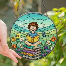 Readers' Stained Glass Child Reading Books Wildflowers Tiffany Jewel Tones Mosaic Stained Glass Suncatcher