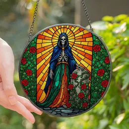 Mystical Aesthetic Lovers' Jewel Tone Stained Glass Skeletal Guardian Sunburst Pattern Stained Glass Suncatcher