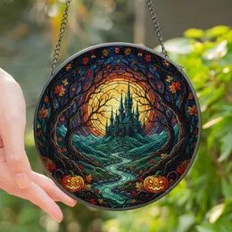 Fantasy Art Lovers' Vibrant Jewel Tone Stained Glass Moonlit Gothic Castle & Autumn Jack-O'-Lantern Mosaic Stained Glass Suncatcher