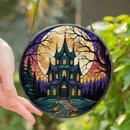 Halloween Enthusiasts' Stained Glass Gothic Haunted House Full Moon Jack-o'-Lanterns Tiffany Jewel Tones Stained Glass Suncatcher