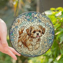 Dog Lovers' Tiffany Style Stained Glass Shih Tzu Puppy Amber Sky Blue Floral Cloud Mosaic Stained Glass Suncatcher