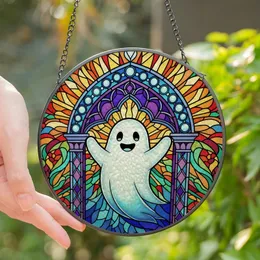Whimsical Art Fans' Friendly Ghost Stained Glass Gothic Arch Jewel Tone Mosaic Stained Glass Suncatcher