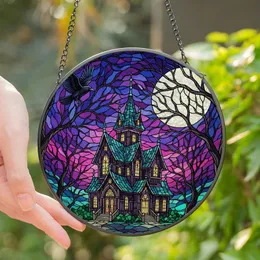 Gothic Art Lovers' Tiffany Stained Glass Haunted Mansion Teal Purple Moonlit Night Stained Glass Suncatcher