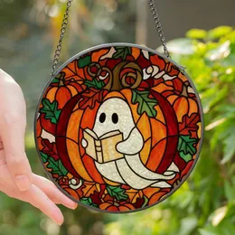 Stained Glass Art Lovers' Autumnal Jewel-Toned Ghost Reading Book Pumpkin Fall Leaves Mosaic Stained Glass Suncatcher