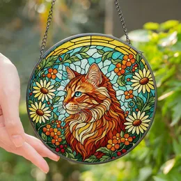 Cat Lovers' Tiffany Stained Glass Ginger Tabby Cat Blue Eyes Daisy Floral Orange Teal Yellow Stained Glass Suncatcher