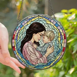 Mothers' Tiffany Stained Glass Mother Child Embrace Vibrant Jewel Tone Mosaic Pink Blue Green Stained Glass Suncatcher