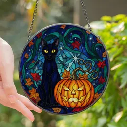 Halloween Enthusiasts' Intricate Tiffany Stained Glass Black Cat Jack-o'-Lantern Autumn Mosaic Jewel Tones Stained Glass Suncatcher