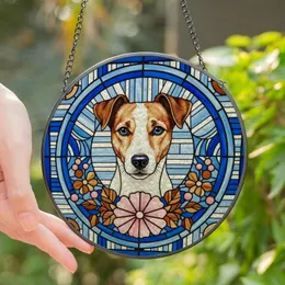 Jack Russell Terrier Lovers Tiffany Stained Glass Dog Portrait Pink Flower Blue Amber Mosaic Stained Glass Suncatcher