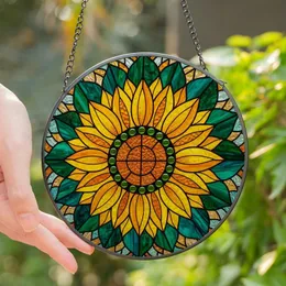 Nature Lovers' Vibrant Tiffany Stained Glass Sunflower Golden Yellow Orange Emerald Teal Mosaic Art Stained Glass Suncatcher
