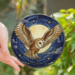 Nature Lovers' Majestic Tiffany Style Stained Glass Barn Owl Full Moon Amber Gold Blue Twilight Mosaic Stained Glass Suncatcher