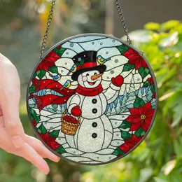 Festive Winter Fans' Intricate Tiffany-Style Stained Glass Snowman Winter Landscape with Jewel Tone Poinsettias, Holly & Songbirds Stained Glass Suncatcher