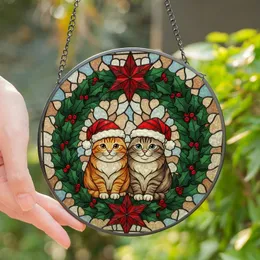 Cat Lovers' Festive Stained Glass Orange Tabby Cats Santa Hats Holly Wreath Design Stained Glass Suncatcher