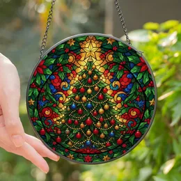 Holiday Celebrators' Tiffany Stained Glass Festive Christmas Tree Emerald Red Blue Golden Mosaic Stained Glass Suncatcher