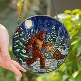 Winter Forest Adventurers' Intricate Tiffany Stained Glass Bigfoot Winter Forest Night with Glowing Lantern, Snowy Cabin, Amber Blue Teal Tones Stained Glass Suncatcher
