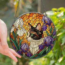 Cat & Art Lovers' Jewel Tone Stained Glass Calico Feline Amber Purple Iris Mosaic Stained Glass Suncatcher