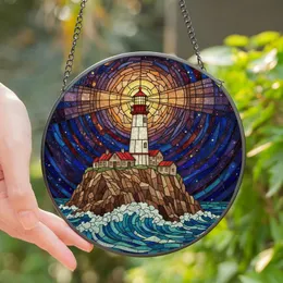 Coastal Art Lovers' Vibrant Tiffany Stained Glass Lighthouse Starry Ocean Mosaic Art Stained Glass Suncatcher