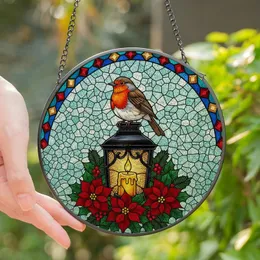 Art Lovers' Tiffany Style Stained Glass Robin Poinsettia Holly Evergreen Mosaic Stained Glass Suncatcher