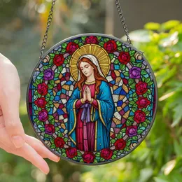 Devotional Art Admirers' Radiant Tiffany Style Stained Glass Virgin Mary Blue Red Rose Mosaic Stained Glass Suncatcher