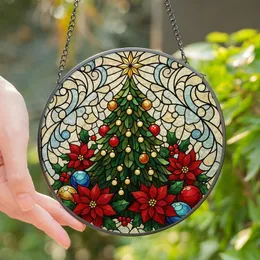 Holiday Enthusiasts' Intricate Stained Glass Tiffany Style Christmas Tree with Jewel-Tone Poinsettias & Holly Mosaic Stained Glass Suncatcher