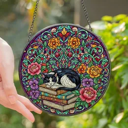 Cat & Book Lovers' Tiffany Stained Glass Sleeping Tuxedo Cat & Books Jewel Tone Floral Art Mosaic Stained Glass Suncatcher