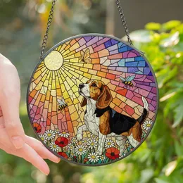 Beagle Lovers' Tri-Color Beagle Tiffany Stained Glass Floral Sunset Mosaic Art Stained Glass Suncatcher