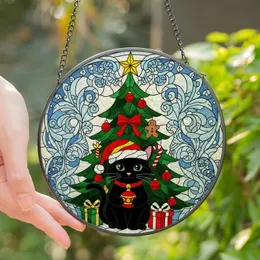 Cat Lovers' Vibrant Stained Glass Black Cat Santa Hat Christmas Tree Festive Mosaic Art Stained Glass Suncatcher