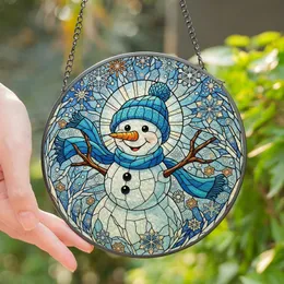 Winter Lovers' Stained Glass Snowman Mosaic with Luminous Jewel Tones & Intricate Frost Patterns Stained Glass Suncatcher