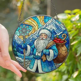 Holiday Art Enthusiasts' Tiffany Style Stained Glass Santa Snowy Mountain Aurora Mosaic Stained Glass Suncatcher