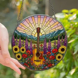 Nature Lovers' Tiffany Style Stained Glass Acoustic Guitar Wildflower Meadow Jewel Tone Sunset Stained Glass Suncatcher