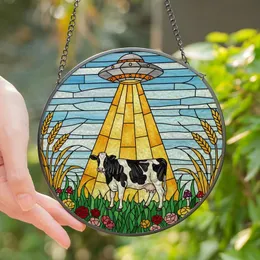Nature & Sci-Fi Art Lovers' Stained Glass Holstein Cow UFO Abduction Vivid Tiffany Style Mosaic Stained Glass Suncatcher