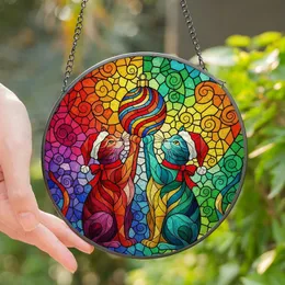 Christmas Cat Lovers' Intricate Tiffany Style Stained Glass Festive Felines Ornament Mosaic Jewel Tones Stained Glass Suncatcher