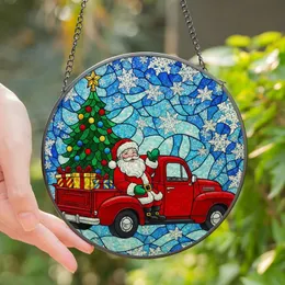 Christmas Enthusiasts' Tiffany Style Stained Glass Vintage Santa Pickup Ruby Red Emerald Green Snowflake Mosaic Stained Glass Suncatcher