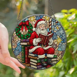 Christmas Enthusiasts' Intricate Tiffany Stained Glass Jolly Santa Reading Book Red Green Purple Stained Glass Suncatcher