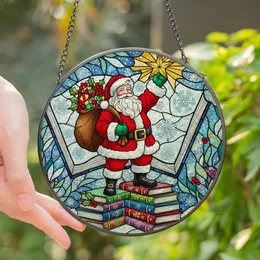 Christmas Lovers' Vibrant Stained Glass Santa on Books with Golden Star, Holly, Snowflakes, Jewel Tones & Swirling Winter Design Stained Glass Suncatcher