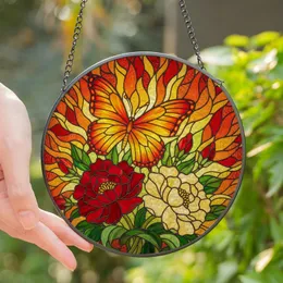 Nature Lovers' Glowing Stained Glass Butterfly Floral Mosaic Tiffany Style Orange Red Yellow Green Art Stained Glass Suncatcher
