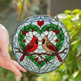 Bird Enthusiasts' Tiffany Glass Cardinals Heart Frame Vibrant Jewel Tone Mosaic Stained Glass Suncatcher