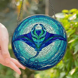 Ocean Lovers' Majestic Blue Green Stingray Tiffany Stained Glass Ocean Mosaic with Intricate Patterns Stained Glass Suncatcher