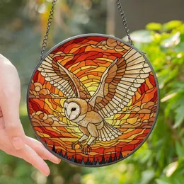 Wildlife Art Fans Dynamic Barn Owl Tiffany Stained Glass Creamy Beige Blue Sunset Stained Glass Suncatcher