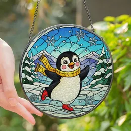 Winter Enthusiasts' Tiffany Style Stained Glass Penguin Yellow Scarf Red Skates Winter Wonderland Mosaic Stained Glass Suncatcher