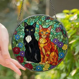 Cat Lovers' Tiffany Style Stained Glass Black & Orange Cats Vibrant Garden Floral Mosaic Stained Glass Suncatcher