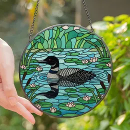 Nature Lovers' Tiffany Stained Glass Loon Pond Art, Teal Blue Pink Emerald Jewel Tones, Bold Black Lines Stained Glass Suncatcher