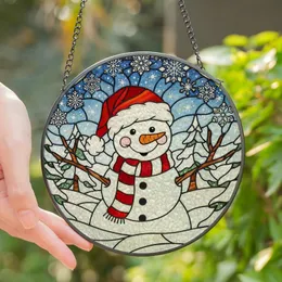 Holiday Enthusiasts' Cheerful Snowman Tiffany Stained Glass Art Red White Mosaic Winter Landscape Stained Glass Suncatcher