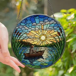 Nature Art Enthusiasts Vibrant Jewel Tone Stained Glass Fisherman Mosaic Stained Glass Suncatcher